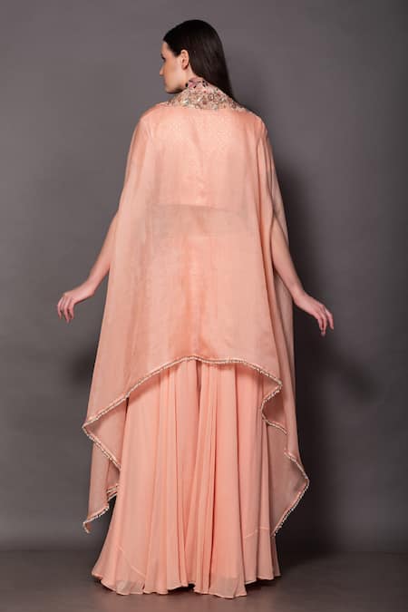 Shop Vara By Vibha N Priti Peach Georgette, Organza Beads, Embroidery Round Neck Sharara Set With Cape at Aza Fashions Shop_Vara By Vibha N Priti_Peach Georgette, Organza Beads, Embroidery Round Neck Sharara Set With Cape _at_Aza_Fashions