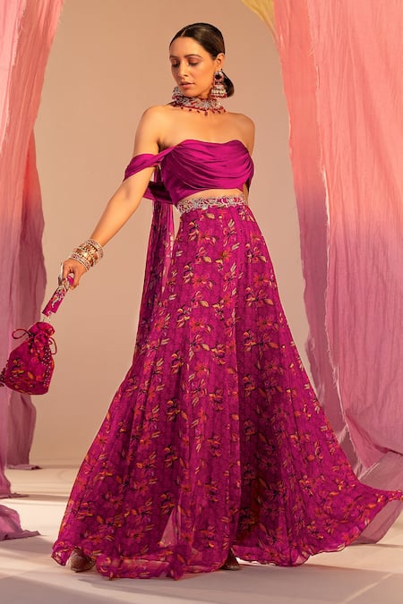 Shop Silky Bindra Purple Georgette, Satin Sequins, Cowl Blouse And Floral Print Palazzo Set at Aza Fashions Shop_Silky Bindra_Purple Georgette, Satin Sequins, Cowl Blouse And Floral Print Palazzo Set _at_Aza_Fashions