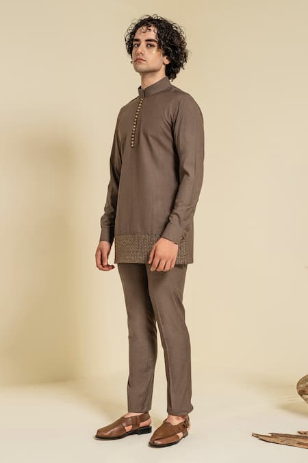 Shop Abkasa Brown Terry Rayon Gold Zari Mandarin Collar Kurta And Trouser Set at Aza Fashions Shop_Abkasa_Brown Terry Rayon Gold Zari Mandarin Collar Kurta And Trouser Set _at_Aza_Fashions