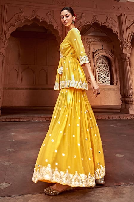 Shop Preevin Yellow Cotton, Net, Silk Embroidery, Lace Thread Work Short Angarkha Sharara Set at Aza Fashions Shop_Preevin_Yellow Cotton, Net, Silk Embroidery, Lace Thread Work Short Angarkha Sharara Set _at_Aza_Fashions
