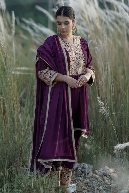 Shop Daljit Sudan Purple Phiran Kurta And Pant Velvet & Dupatta Organza Yoke Embroidered Set at Aza Fashions Shop_Daljit Sudan_Purple Phiran Kurta And Pant Velvet & Dupatta Organza Yoke Embroidered Set_at_Aza_Fashions