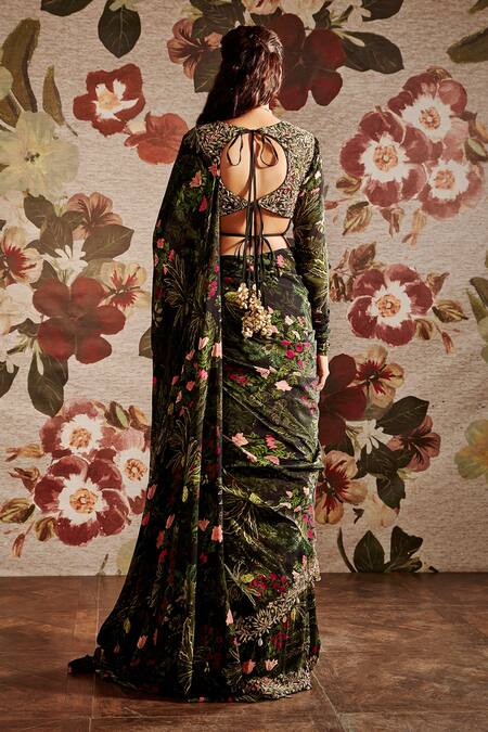 Shop Prints By Radhika Multi Color Georgette Printed Hand Embroidered Pre-draped Saree Set at Aza Fashions Shop_Prints By Radhika_Multi Color Georgette Printed Hand Embroidered Pre-draped Saree Set _at_Aza_Fashions
