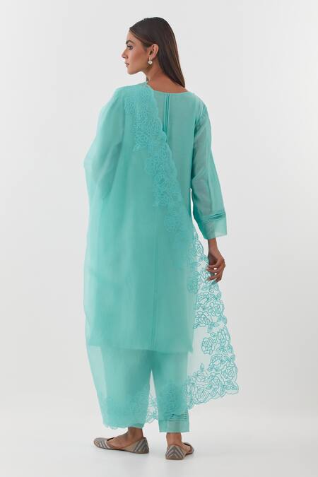 Shop Amisha Kothari Blue Chanderi , Organza Embroidery Kurta Set With Cut-work Hem Dupatta at Aza Fashions Shop_Amisha Kothari_Blue Chanderi , Organza Embroidery Kurta Set With Cut-work Hem Dupatta _at_Aza_Fashions