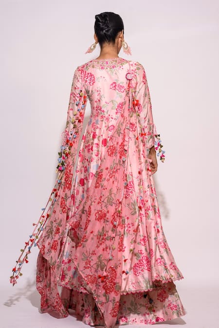 Shop_Aangan By Parul_Pink Silk Tassels Plunge Neck Floral Embroidered Neckline Kurta And Sharara Set _at_Aza_Fashions