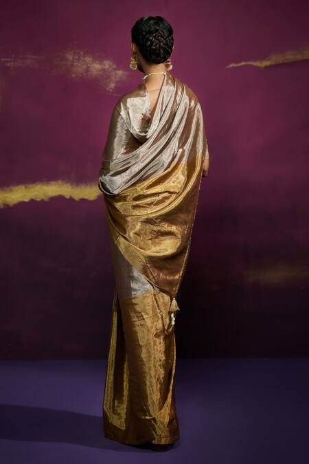 Shop_Dressfolk_Gold Handloom Tissue Two Toned Saree _at_Aza_Fashions