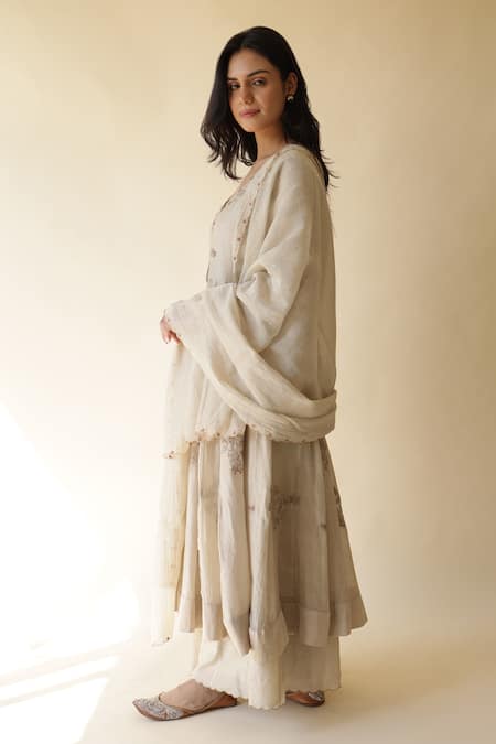 Shop_Rhua_Beige Silk, Muslin, Embroidery, Afra Flower Anarkali Set _at_Aza_Fashions