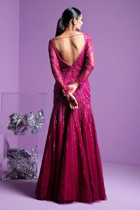 Shop_Parul Gandhi_Pink Silk, Cotton Sequins, Crystals Prism Jewel Embellished Mermaid Gown _at_Aza_Fashions