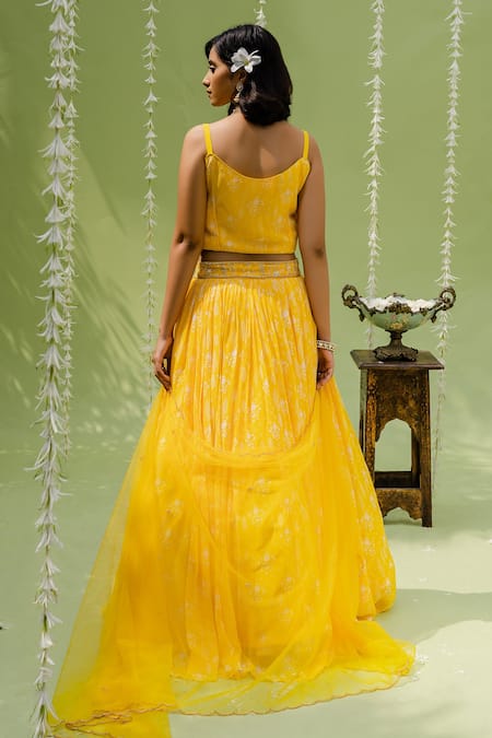 Shop Redpine Designs Yellow Viscose Georgette, Dupatta Net Cutdana, Floral, Print Lehenga Set at Aza Fashions Shop_Redpine Designs_Yellow Viscose Georgette, Dupatta Net Cutdana, Floral, Print Lehenga Set _at_Aza_Fashions