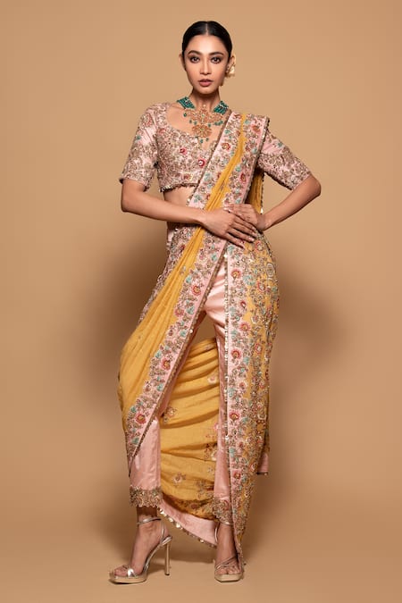 Shop Pallavi Poddar Yellow Silk, Satin, Tissue Jaysore Zardozi Pant Saree With Raw Blouse at Aza Fashions Shop_Pallavi Poddar_Yellow Silk, Satin, Tissue Jaysore Zardozi Pant Saree With Raw Blouse _at_Aza_Fashions