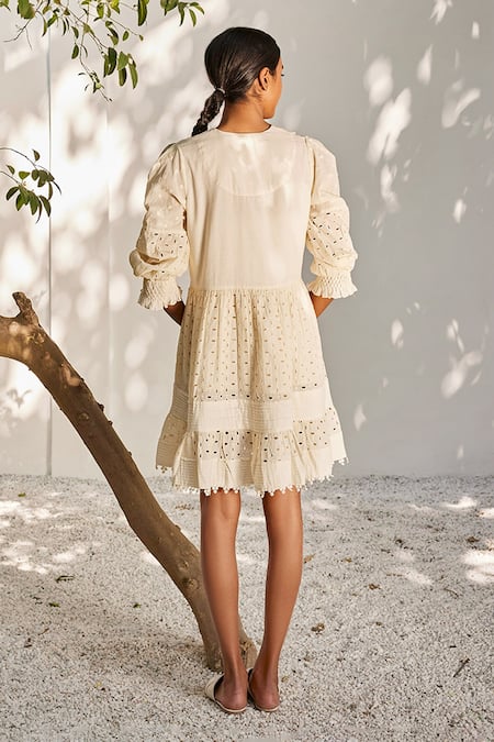 Shop_Kharakapas_Off White Cotton Lace V-neck Dreaming You Schiffli Short Dress _at_Aza_Fashions