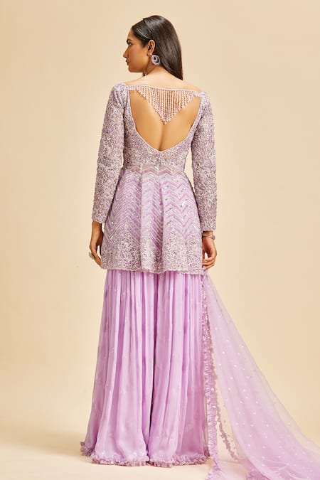 Shop Nitika Gujral Purple Sharara Georgette Embroidery Silver Dori V Neck Peplum Top Set at Aza Fashions Shop_Nitika Gujral_Purple Sharara Georgette Embroidery Silver Dori V Neck Peplum Top Set _at_Aza_Fashions