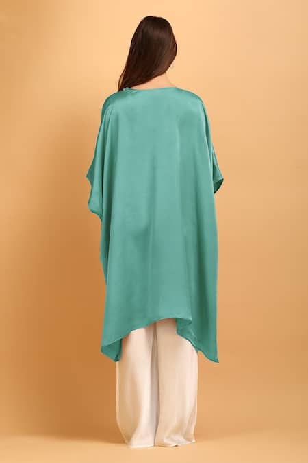 Shop Label Ivish Green Modal, Satin Embroidery V-neck Flared Kaftan With Contrasting Pant at Aza Fashions Shop_Label Ivish_Green Modal, Satin Embroidery V-neck Flared Kaftan With Contrasting Pant _at_Aza_Fashions