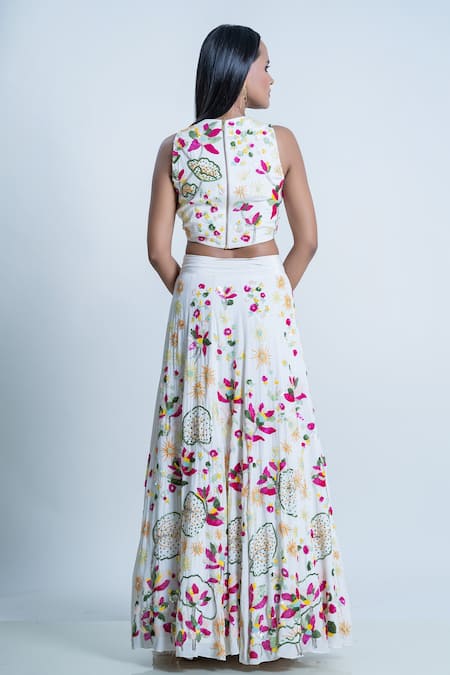 Shop Nautanky Ivory Blouse Silk, Lehenga Organza Floral, Sequins Hand Embroidered With at Aza Fashions Shop_Nautanky_Ivory Blouse Silk, Lehenga Organza Floral, Sequins Hand Embroidered With _at_Aza_Fashions
