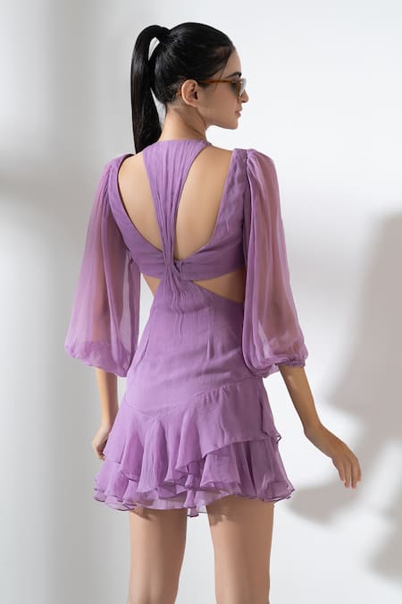 Shop_Amrta By Guneet Kondal_Purple Chiffon, Viscose Fringe Scoop Neck Overlay Skirt Set _at_Aza_Fashions