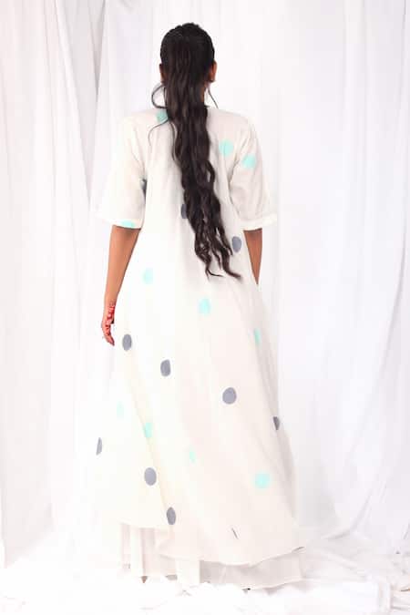 Shop Khat White Cotton Round Neck Handwoven Polka Pattern Dress at Aza Fashions Shop_Khat_White Cotton Round Neck Handwoven Polka Pattern Dress _at_Aza_Fashions