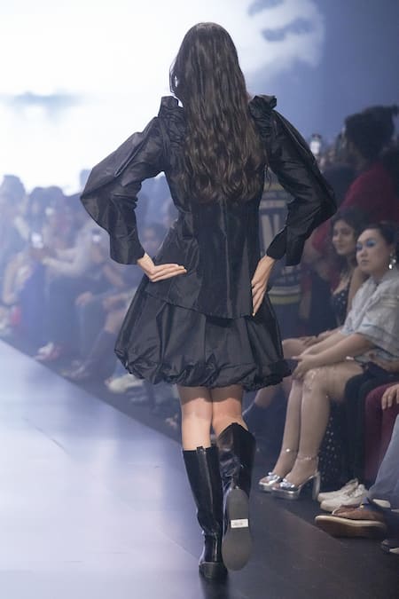 Shop Rina Dhaka Black Silk Mandarin Collar Wrap Jacket And Bubble Hem Skirt Set at Aza Fashions Shop_Rina Dhaka_Black Silk Mandarin Collar Wrap Jacket And Bubble Hem Skirt Set_at_Aza_Fashions