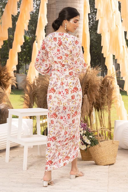 Shop_Chhavvi Aggarwal_Off White Crepe Sequins, Cut Work V-neck Cuff Embroidered Floral Print Dress _at_Aza_Fashions