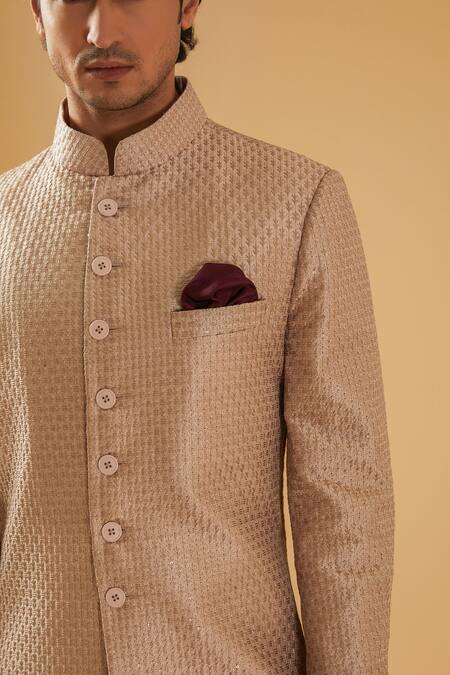 Shop_Raghavendra Rathore Blue_Beige Raw Silk Embroidery Thread Leaf Achkan _at_Aza_Fashions