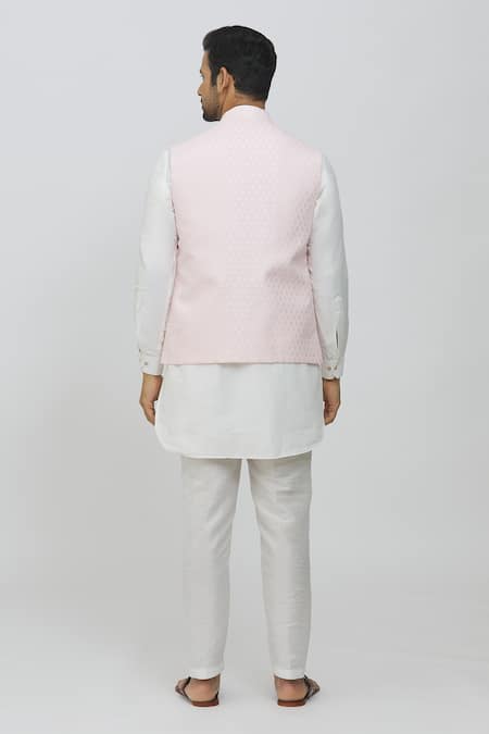 Shop Rng Safawala Pink Brocade, Silk Embroidery Printed Jacket And Off White Kurta Set at Aza Fashions Shop_Rng Safawala_Pink Brocade, Silk Embroidery Printed Jacket And Off White Kurta Set _at_Aza_Fashions