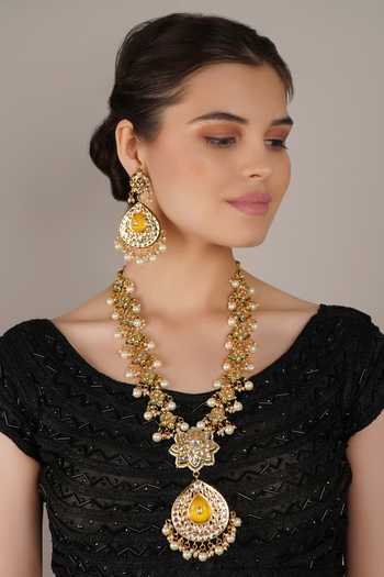 ChhavI'S Jewels_Yellow Stones, Pearls, Embroidery Kundan Embellished Long Necklace Set_Online_at_Aza_Fashions