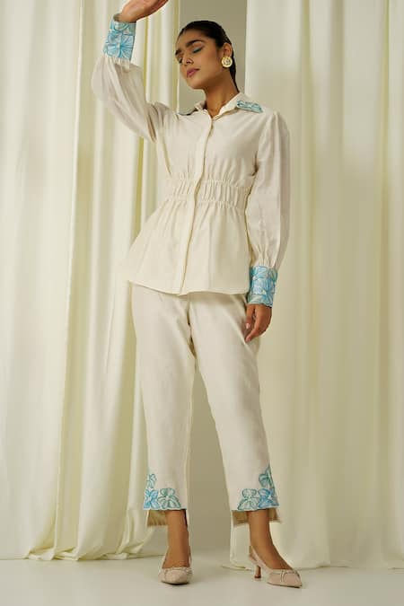 Shop Sakshi Khetterpal Ivory Chanderi Beads, Pearls, Embroidery Front Buttoned Shirt And Pant Set at Aza Fashions Shop_Sakshi Khetterpal_Ivory Chanderi Beads, Pearls, Embroidery Front Buttoned Shirt And Pant Set _at_Aza_Fashions