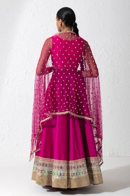 Shop Rishi and Vibhuti Pink Silk, Net, Taffeta Mirrors, Zari, Pearls, Sequins, Embroidered Lehenga Set at Aza Fashions Shop_Rishi and Vibhuti_Pink Silk, Net, Taffeta Mirrors, Zari, Pearls, Sequins, Embroidered Lehenga Set _at_Aza_Fashions