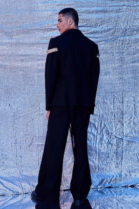 Shop_Line Out Line_Black Cotton Embroidered Sequin And Patch Work Arch Panelled Jacket_at_Aza_Fashions