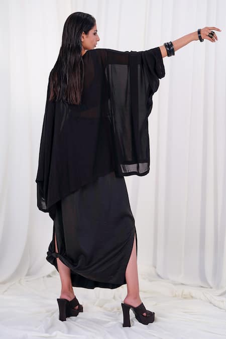 Shop AK-OK Black Silk Sequins, Embroidery Split V-neck, Yoke Kurta And Lungi Skirt Set at Aza Fashions Shop_AK-OK_Black Silk Sequins, Embroidery Split V-neck, Yoke Kurta And Lungi Skirt Set _at_Aza_Fashions