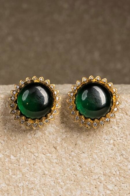 Shop Tarun Tahiliani Emerald Green Zari Cabochon Embellished Stud Earrings at Aza Fashions Shop_Tarun Tahiliani_Emerald Green Zari Cabochon Embellished Stud Earrings_at_Aza_Fashions