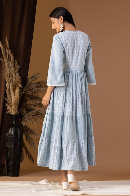 Shop Abbaran Blue Cotton Embroidery, Cut Work V-neck Floral Pattern Tiered V Dress at Aza Fashions Shop_Abbaran_Blue Cotton Embroidery, Cut Work V-neck Floral Pattern Tiered V Dress _at_Aza_Fashions