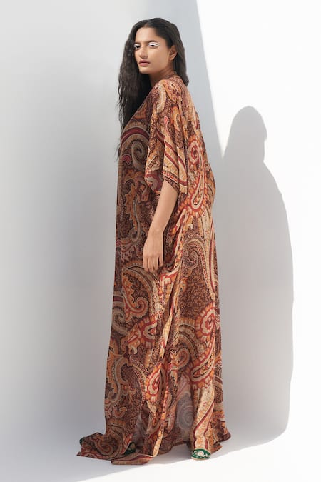 Shop Nadima Saqib Brown Georgette Mirrors, Tassels V-neck Paisley And Mandala Print Kaftan at Aza Fashions Shop_Nadima Saqib_Brown Georgette Mirrors, Tassels V-neck Paisley And Mandala Print Kaftan _at_Aza_Fashions