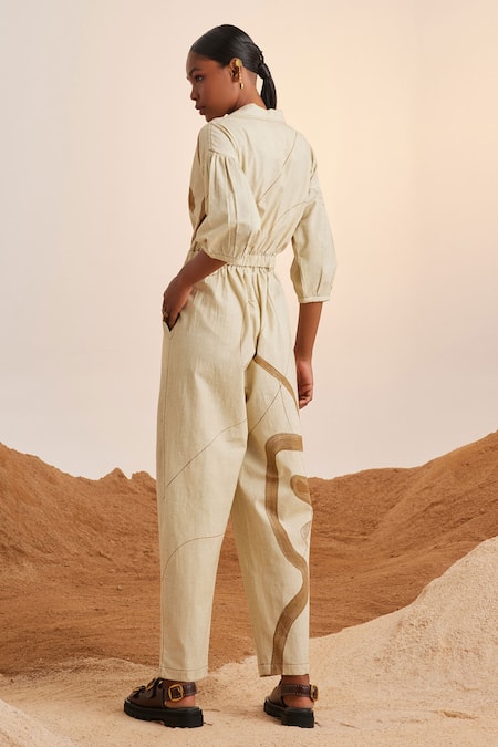 Shop_Cord_Off White Cotton Collared Top Stitch Printed Jumpsuit _at_Aza_Fashions