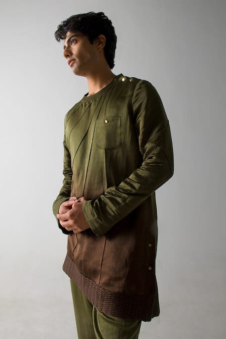 Shop_Jatin Malik_Green Linen, Silk Embroidery Band Collar Ombre Kurta _at_Aza_Fashions