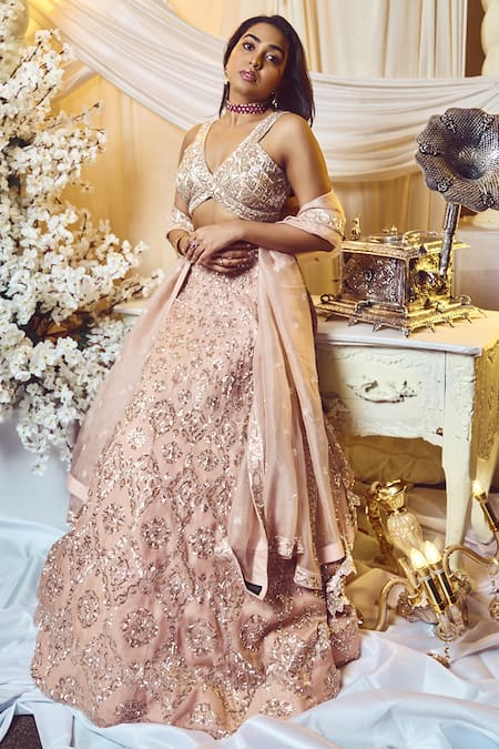 Shop_Varun Chakkilam_Pink Silk Organza Sequins, Beads V-neck Geometric Embroidered Bridal Lehenga Set _at_Aza_Fashions