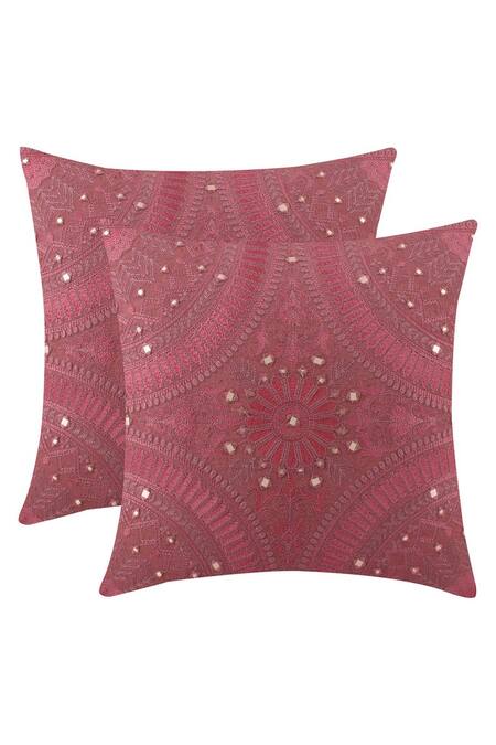 Shop Khaabka Red Cotton Linen Embroidery Resham Cushion Cover - Set Of 2 at Aza Fashions Shop_Khaabka_Red Cotton Linen Embroidery Resham Cushion Cover - Set Of 2_at_Aza_Fashions