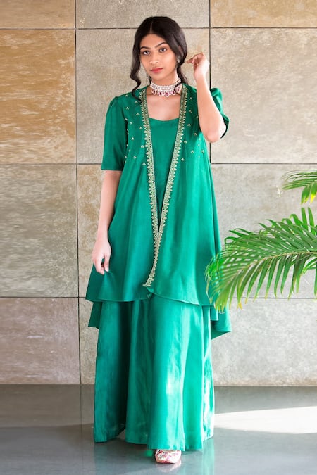 Shop Cupid Cotton Green Chanderi Silk Pearls, Zari, Embroidery Sweetheart Anarkali With Jacket at Aza Fashions Shop_Cupid Cotton_Green Chanderi Silk Pearls, Zari, Embroidery Sweetheart Anarkali With Jacket _at_Aza_Fashions