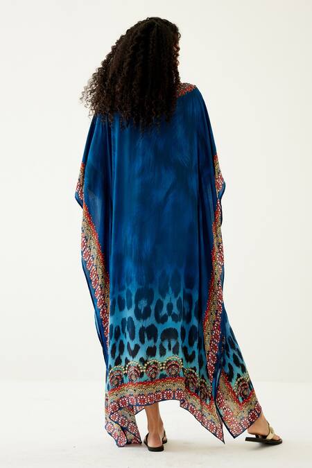 Shop Payal Jain Blue Crepe Abstract Pattern V Neck Embroidered Yoke Kaftan at Aza Fashions Shop_Payal Jain_Blue Crepe Abstract Pattern V Neck Embroidered Yoke Kaftan_at_Aza_Fashions