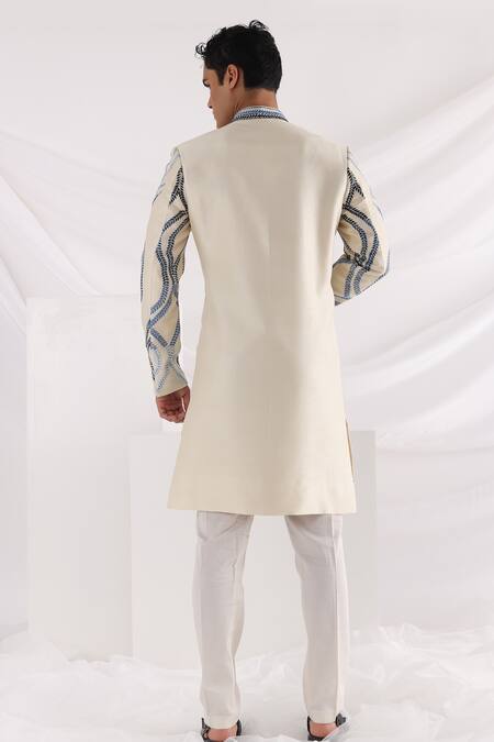 Shop_Smriti By Anju Agarwal_Ivory Bamboo, Cotton Embroidery Vine Leaf Sherwani Set _at_Aza_Fashions