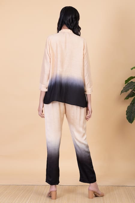 Shop Chambray & CO. Black Silk Split V-neck Lydia Button Down Shirt And Pant Set at Aza Fashions Shop_Chambray & CO._Black Silk Split V-neck Lydia Button Down Shirt And Pant Set _at_Aza_Fashions