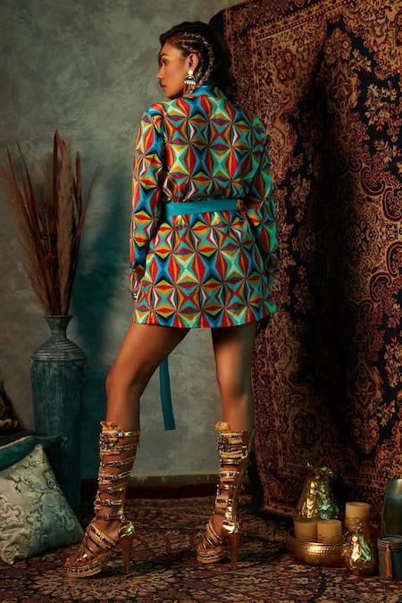 Shop Esha L Amin Multi Color Modal, Satin Big Square Print Blazer at Aza Fashions Shop_Esha L Amin_Multi Color Modal, Satin Big Square Print Blazer _at_Aza_Fashions