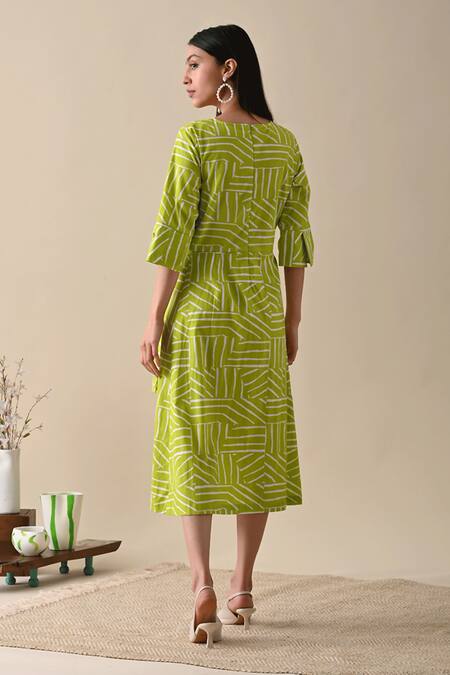 Shop Kanelle Green Cotton Round Neck Claire Striped Print Dress at Aza Fashions Shop_Kanelle_Green Cotton Round Neck Claire Striped Print Dress_at_Aza_Fashions