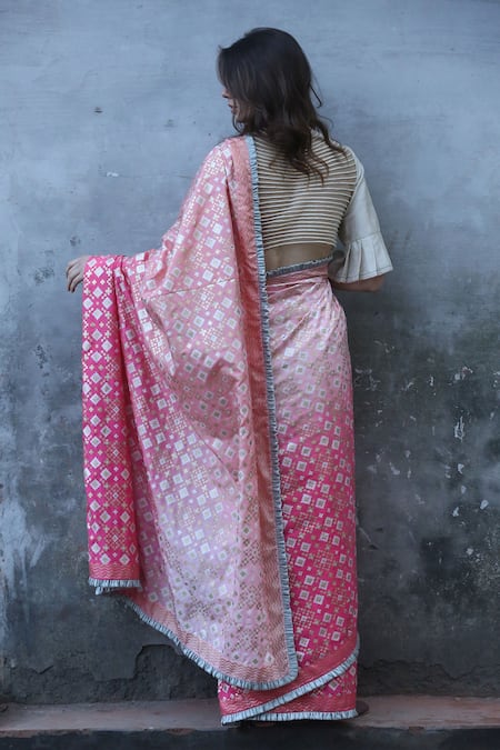 Shop_I Am Design_Pink Silk Ikat Print Ruffle Border Saree _at_Aza_Fashions