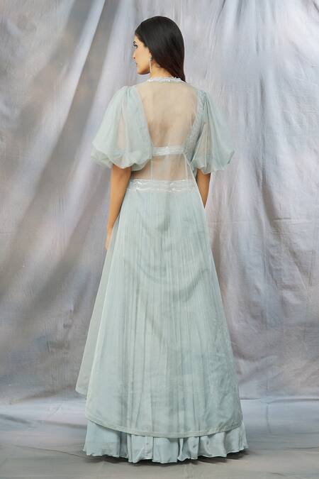 Shop Shlok Design Grey Chiffon Embroidered Sequin Notched Neck Puff Sleeve Jacket And Lehenga Set at Aza Fashions Shop_Shlok Design_Grey Chiffon Embroidered Sequin Notched Neck Puff Sleeve Jacket And Lehenga Set_at_Aza_Fashions