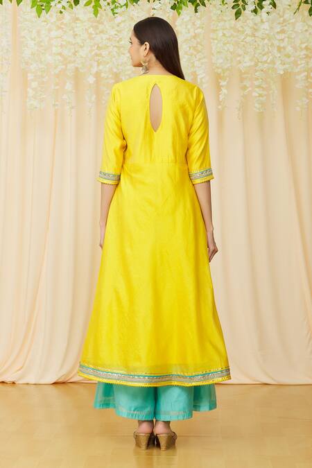 Shop Nazaakat By Samara Singh Yellow Chanderi Round Kurta Palazzo Set at Aza Fashions Shop_Nazaakat By Samara Singh_Yellow Chanderi Round Kurta Palazzo Set _at_Aza_Fashions
