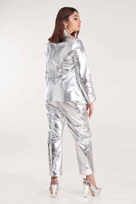 Pooja Bagaria Silver Metallic Blazer & Pant Set 