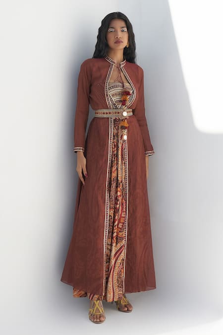 Shop_Nadima Saqib_Brown Silk Floral Mandala Print Skirt _at_Aza_Fashions