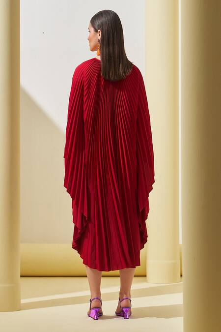 Shop Pleats By Aruni Red Crepe Round Neck Pleated Textured Cape Dress at Aza Fashions Shop_Pleats By Aruni_Red Crepe Round Neck Pleated Textured Cape Dress_at_Aza_Fashions
