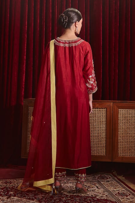 Shop Ajiesh Oberoi Wine Silk, Rayon, Organza Embroidery Round Preeti Straight Long Kurta Pant Set at Aza Fashions Shop_Ajiesh Oberoi_Wine Silk, Rayon, Organza Embroidery Round Preeti Straight Long Kurta Pant Set _at_Aza_Fashions