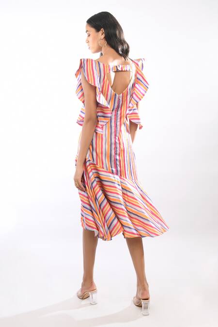 Shop Itara Multi Color Satin Silk Round Midi Dress at Aza Fashions Shop_Itara_Multi Color Satin Silk Round Midi Dress_at_Aza_Fashions