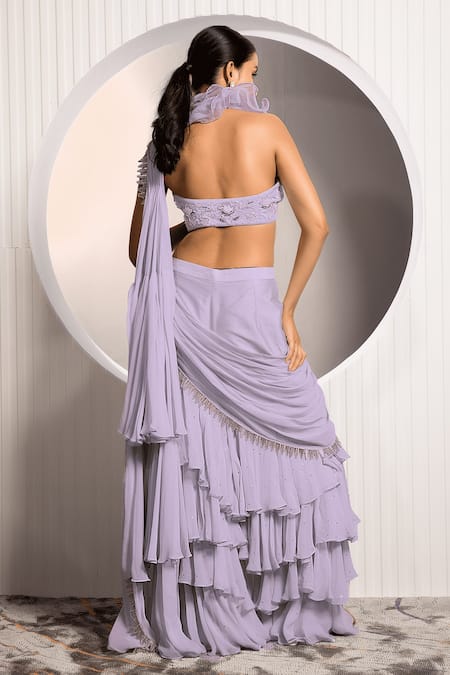 Shop_Jade By Ashima_Blue Georgette Embroidery Halter Ophelia Pre-draped Gharara Saree With Blouse _at_Aza_Fashions